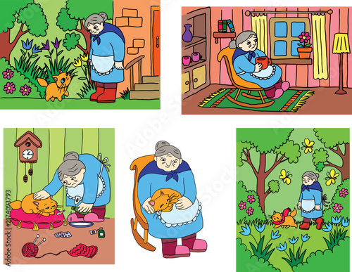 Conceptual hand-drawn vector fairytale illustration set with kind old grandmother woman and cute ginger kitten cat, cozy home and garden scenes for kids books.