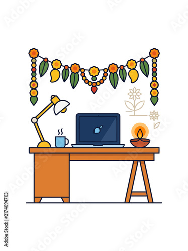 Modern flat vector desk setup with laptop and festive garland decor all in one
