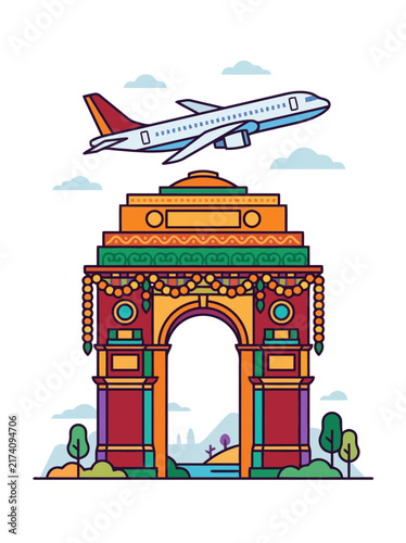 Airplane over decorative arc monument in colorful vector illustration