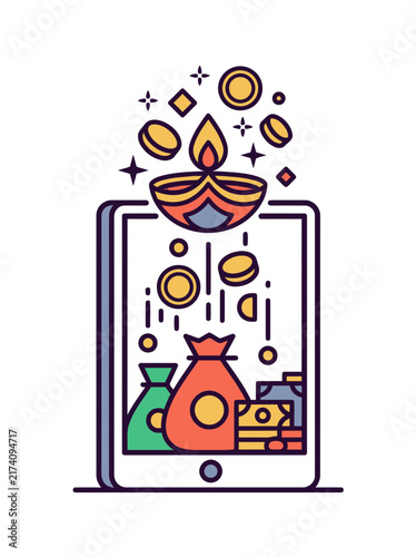Diwali festival vector with diya and money on tablet device visualized