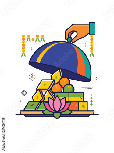 Festival offerings under a ceremonial canopy with lotus flower and vibrant colors