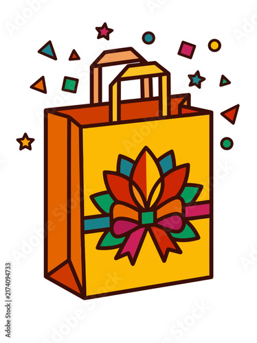 Festive yellow gift bag with bow and confetti vector graphic at celebration