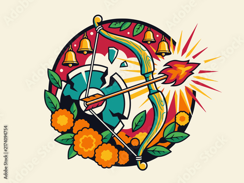 Colorful vector with bow and arrow surrounded by flowers bells and decorative motifs