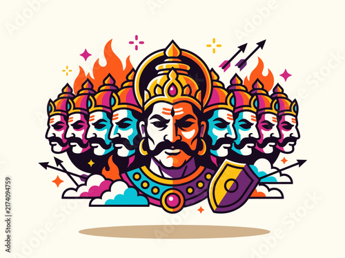 Vibrant flat style warrior banner with crown shield arrows and flames vector