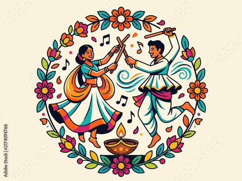 Festive couple dancing around a diya with floral circle vector for Dussehra