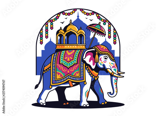 Colorful elephant with ornate howdah and festive garlands in flat vector style