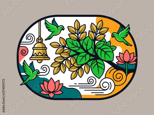 Dussehra themed circular vector with foliage lotus and birds theme illustration