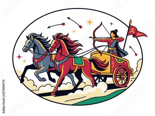 Chariot drawn by horses with archer in dynamic battle scene vector art