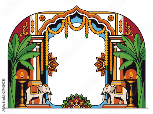 Festive Indian style vector frame with elephants lanterns and garlands