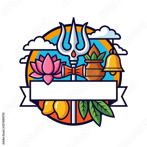 Festival vector emblem with trident lotus pot bell and ribbon banner collection