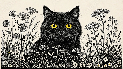Black cat botanical line art with yellow eyes