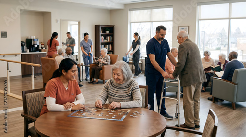 Caring nurses and caregivers supporting elderly residents in a bright assisted living facility, playing puzzles, using walkers, and socializing in a comfortable retirement home community.