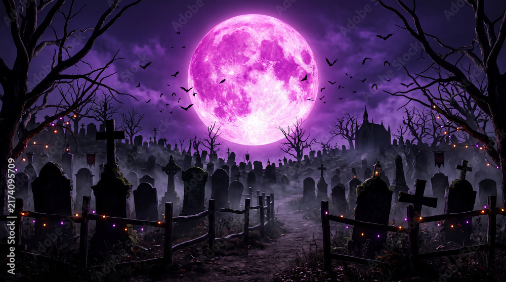 Obraz premium Spooky graveyard under a large pink moon, with bats and string lights, representing Halloween and eerie atmosphere