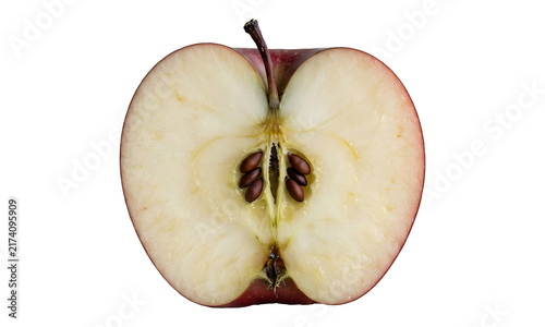 Cuadro en lienzo Fresh apple cut in half showing seeds and inner texture on black background