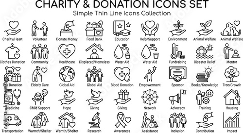 Charity Line Icons Set - Vector Volunteer, Donation, Help, and Assistance Symbols