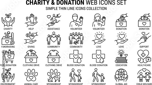 Charity Line Icons Set - Vector Volunteer, Donation, Help, and Assistance Symbols