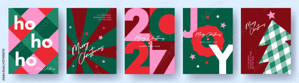 Fototapeta premium Modern Christmas card collection with bold typography, geometric ornaments and festive illustrations. Ideal for branding, packaging, posters, greeting cards and social media, print.