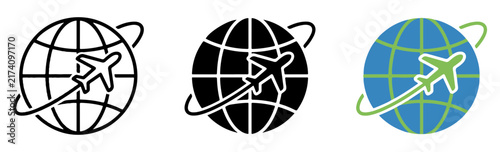 Global airplane travel icons set displayed as clean vector graphic designs