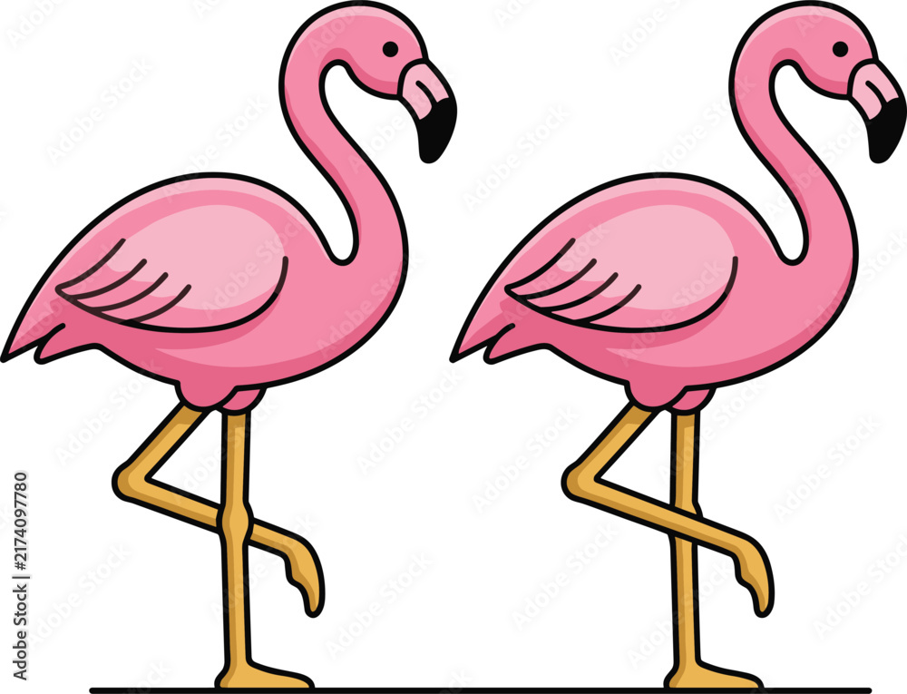 Obraz premium Pair of cute pink cartoon flamingo birds standing on one leg isolated on a clean white background for tropical summer designs