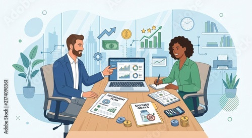 Financial Advisor Consulting Client at Office Desk with Charts, Documents and Investment Planning Illustration