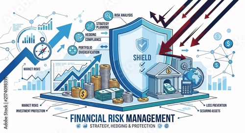 Financial Risk Management Infographic with Protective Shield, Market Charts, Investment Data and Business Security Concept