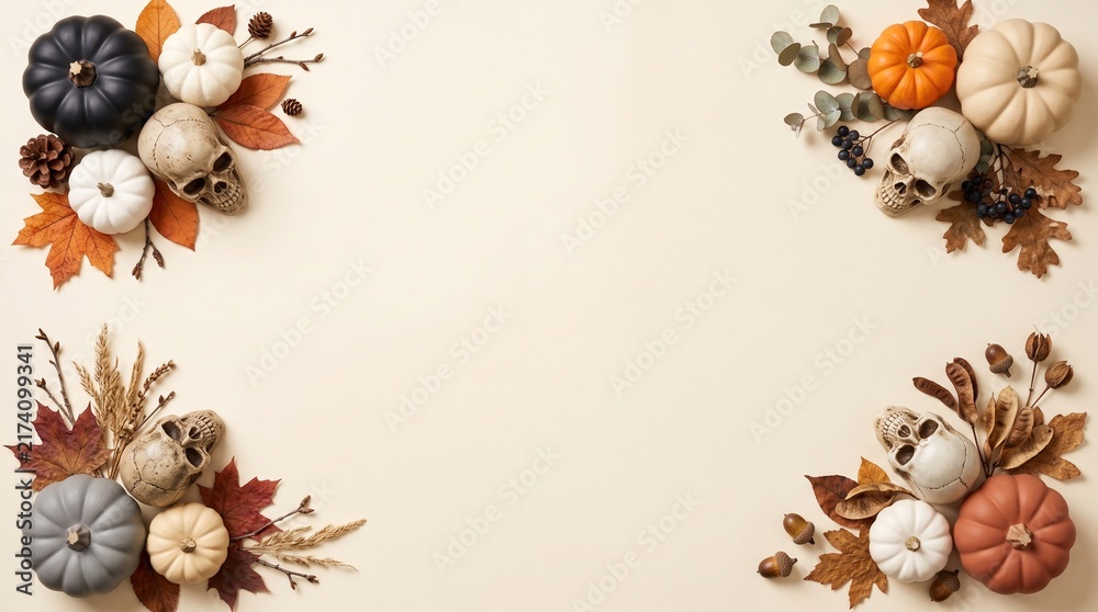 Obraz premium Festive Autumn Halloween Flat Lay Design with Pumpkins, Skulls, and Fall Leaves Decorating Corners on a Light Neutral Background for Seasonal Celebrations