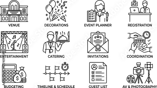 Event Planning Line Icons Set - Vector Venue, Catering, Entertainment, and Invitation Symbols