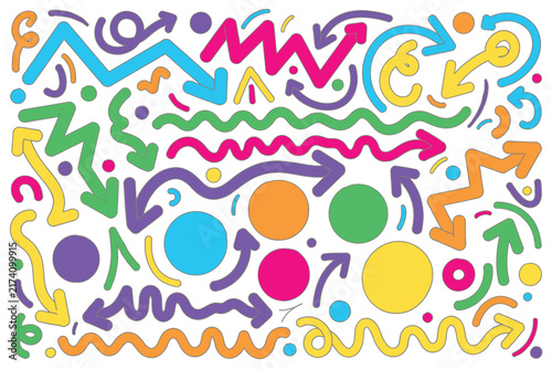 Colorful hand drawn arrows and circles pattern with wavy lines on a solid white background surface