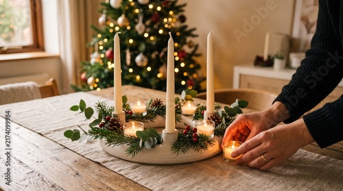 Hand lighting advent candle wreath with christmas tree in background cozy festive home scene