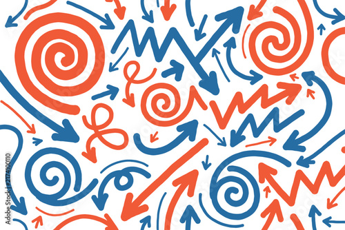 Hand drawn arrows pattern with blue and orange colors on a white background, for wallpaper