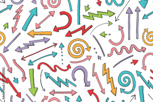 Hand drawn colorful arrow pattern with various shapes and directions on a plain white background