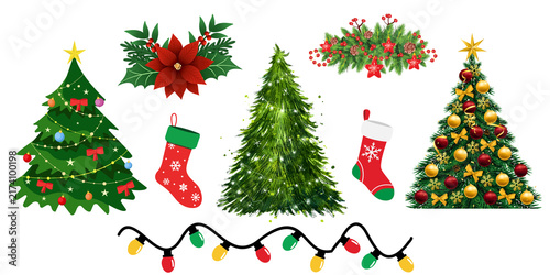 Christmas Holiday Elements Collection Trees Stockings and Lights