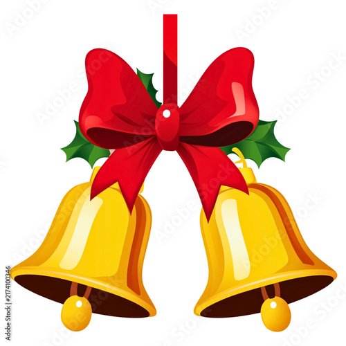 Christmas Golden Bells with Red Bow and Holly Leaves