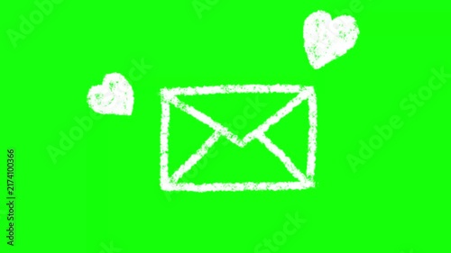 Handdrawn envelope with hearts animation on bright green screen background for video overlay and motion design.