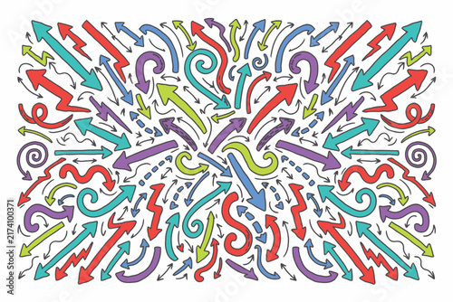 Hand drawn doodle arrows pattern with various shapes and vibrant colors on a plain white background