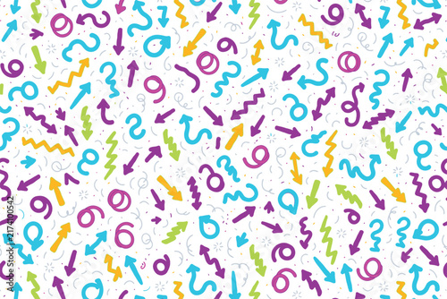 Playful doodle arrow pattern with colorful scribbles and small circular shapes on white background