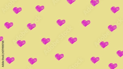Pink heart pattern on pastel yellow background, cute handdrawn romantic seamless texture for modern design.