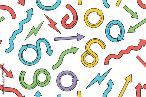 Seamless pattern of colorful hand drawn arrows and lightning bolt symbols on white background