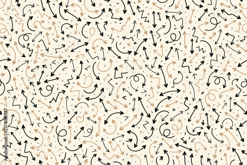 Seamless pattern of hand drawn doodle arrows and zigzag lines in black and beige color palette