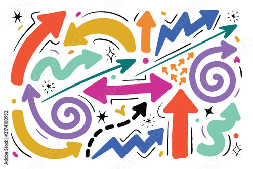 Set of colorful hand drawn arrows and doodle shapes on a white background, vibrant hand-drawn