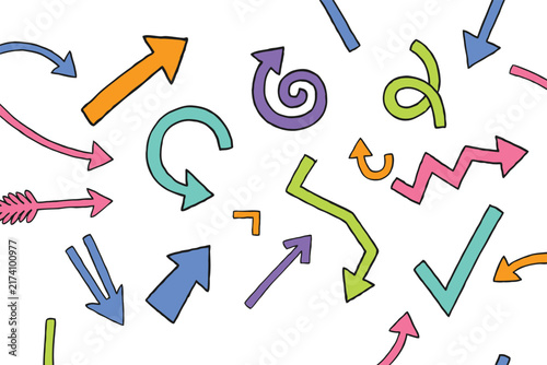 Set of colorful hand drawn arrows with various shapes and styles on a clean white background