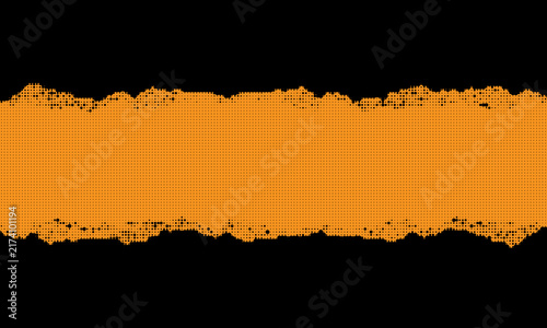 Orange Grunge Halftone Brush Stroke Banner, Textured Paint Stripe Isolated on Black Background Vector Illustration