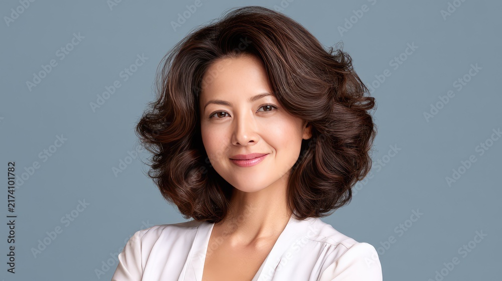 Fototapeta premium Confident woman with stylish hair in professional attire smiling