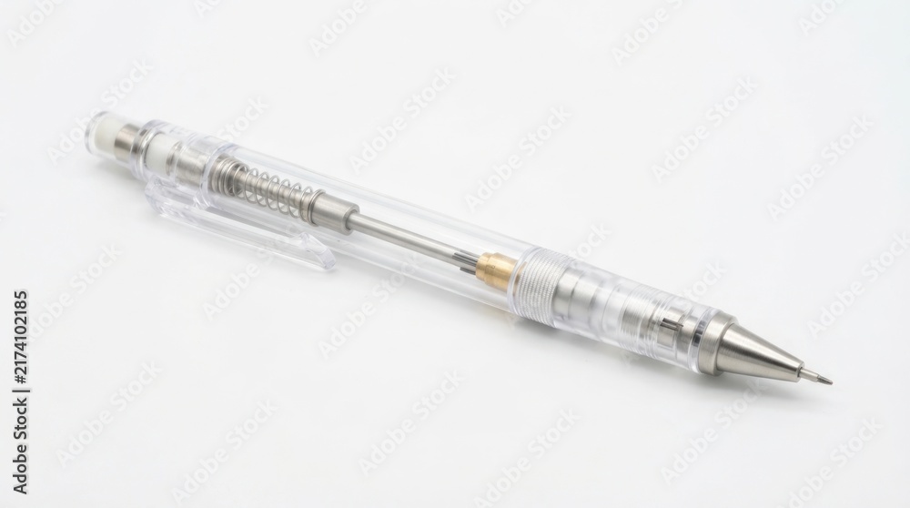 Fototapeta premium A sleek transparent mechanical pencil on a plain white background.