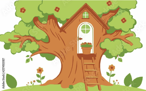 Cute Treehouse – Cute Children's Cartoon Vector Illustration Icon for Kids Books, Nursery Decor, Apps, Stickers, Prints & Educational Design