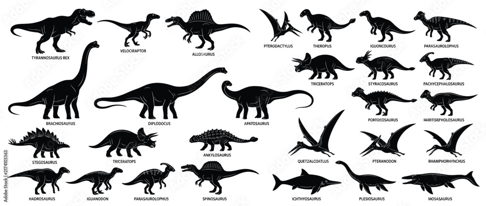 Fototapeta premium Collection of Dinosaur Silhouettes Isolated on Transparent Background
