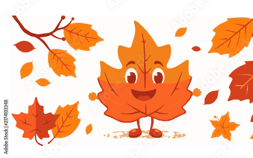 Happy Autumn Leaf Character – Cute Children's Cartoon Vector Illustration Icon for Kids Books, Nursery Decor, Apps, Stickers, Prints & Educational Design