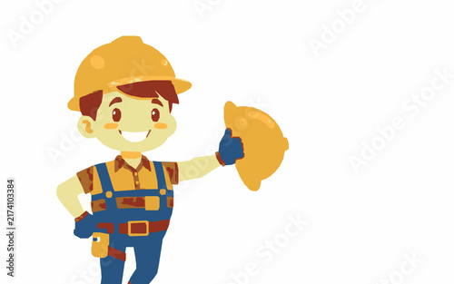 Happy Construction Worker – Cute Children's Cartoon Vector Illustration Icon for Kids Books, Nursery Decor, Apps, Stickers, Prints & Educational Design