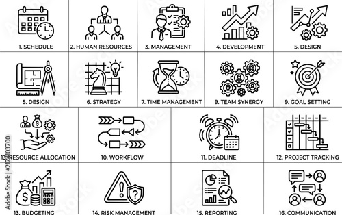 Project Management Line Icons Set - Vector Strategy, Planning, Schedule, and HR Symbols