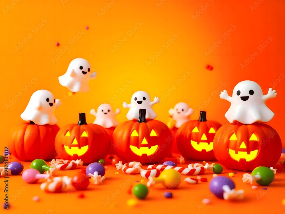 Fototapeta premium Cute Halloween Party with Pumpkins on Orange Background